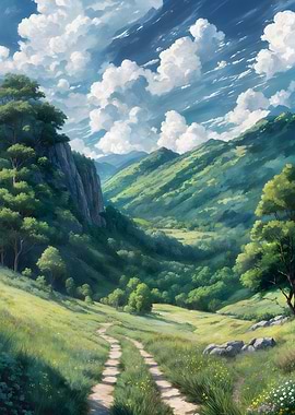 Emerald Valley Path — Sunlit Hills & Dramatic Clouds