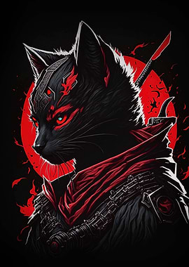 Samurai Cat Warrior with Red Accents