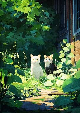 Two Cats in a Lush Garden