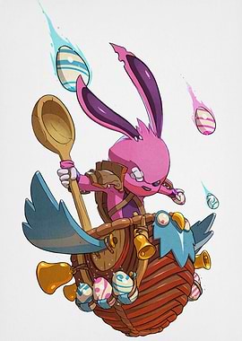 Cartoon Pink Bunny Warrior with Easter Eggs