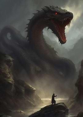 Dragon and Warrior in Misty Landscape