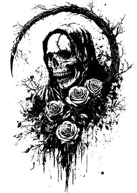 Grim Reaper with Roses Black and White