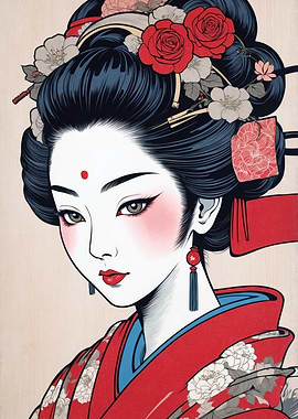 Elegant Geisha Portrait with Floral Adornments