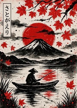 Japanese Fisherman with Mount Fuji Art