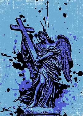 Angel Statue with Cross and Splatters
