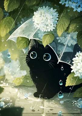 Black Cat Under Umbrella in Rain