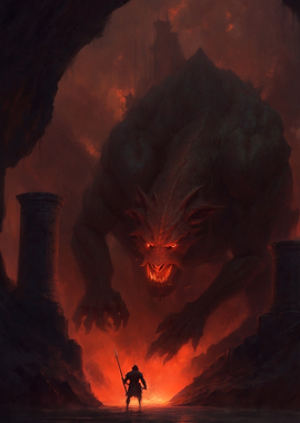 Fantasy Warrior Confronts a Dragon