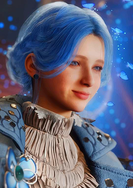 Blue-haired woman with butterflies