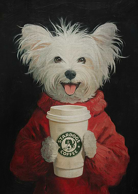 Dog with Coffee Cup Painting