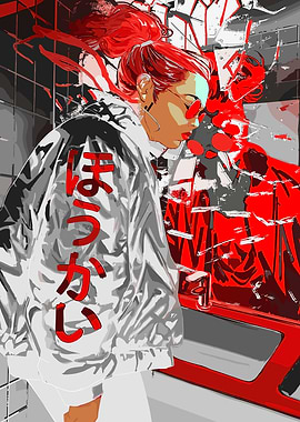 Red-haired woman in bathroom, digital art