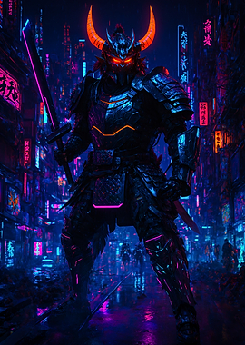 Samurai Warrior in Neon Cityscape