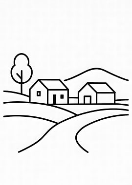 Minimalist Landscape with Houses and Tree