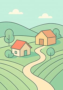Cartoon Landscape with Houses and Hills