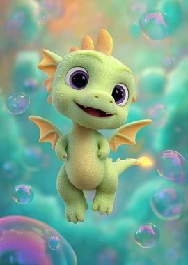 Cute Cartoon Dragon with Bubbles