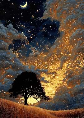 Night Sky Tree with Golden Clouds