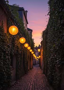 Lantern-lit cobblestone alley at dusk