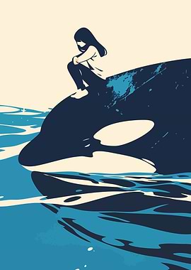 Girl and Orca of the Ocean Minimalist Art Illustration