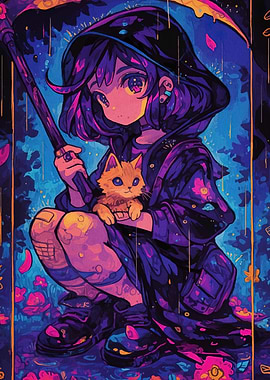 Anime Girl with Cat in Rain