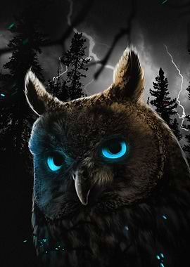 Owl with Glowing Eyes in Dark Forest