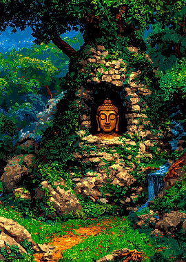 Pixel Art Buddha Statue in Nature