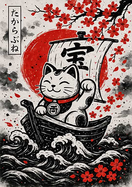 Maneki Neko in Boat with Cherry Blossoms