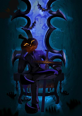 Pumpkin-headed figure on throne with bats