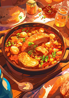 Hearty Stew with Bread and Jars