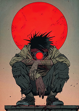 Cyberpunk Character with Red Moon