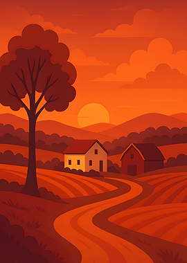 Orange Countryside Landscape with Farmhouses