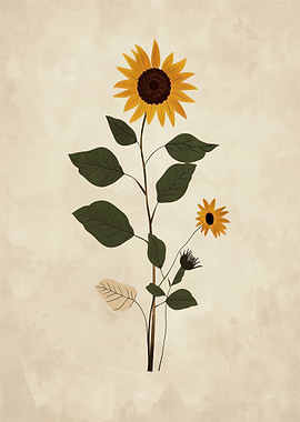 Sunflower botanical illustration on beige background