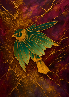 Abstract Fantasy #102 - Emerald and Gold Bird Art