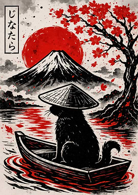 Japanese Cat in Boat with Mount Fuji