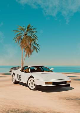 White Ferrari Testarossa on Tropical Beach