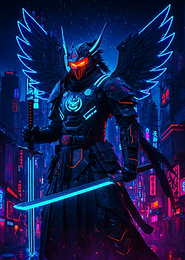 Futuristic Samurai with Neon Wings