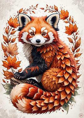 Autumn Leaf Fox — Whimsical Red-Panda Inspired Illustration
