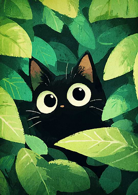Black Cat in Green Leaves