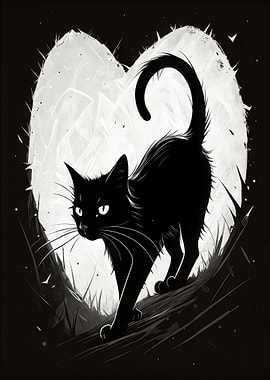 Black Cat Silhouette in white Heart Cats