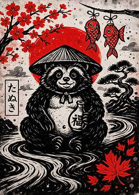 Tanuki with Sake Bottle Illustration