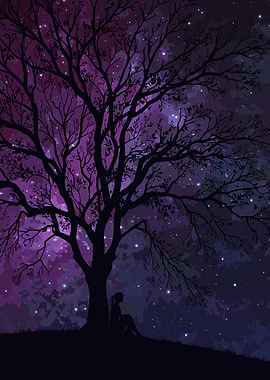 Silhouette under starry tree