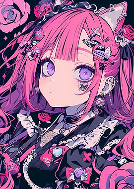 Goth Anime Girl with Pink Hair and Cat Ears