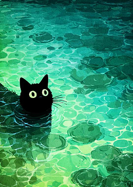 Black Cat Swimming in Green Water