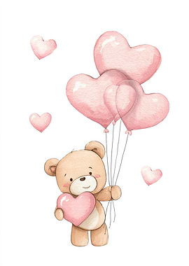Watercolor Teddy Bear with Heart Balloons