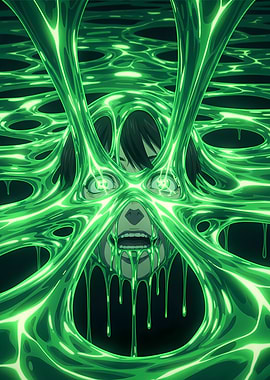 Neon Liquid Anime Face – Glowing Horror in the Dark