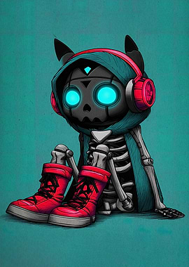 Cartoon Skeleton with Headphones and Boots