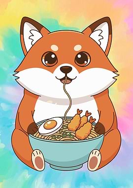 Cartoon Fox Eating Ramen Illustration