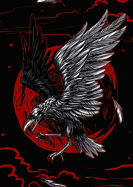 Raven in Flight with Red Moon