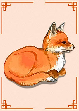 Resting Fox Illustration with Asian Border