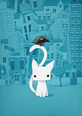 White Cat with Bird in Cityscape