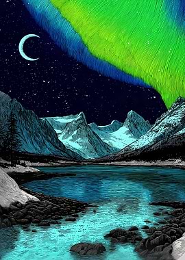 Aurora Borealis over Mountain Lake