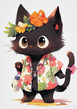 Tropical Cat Cartoon Illustration